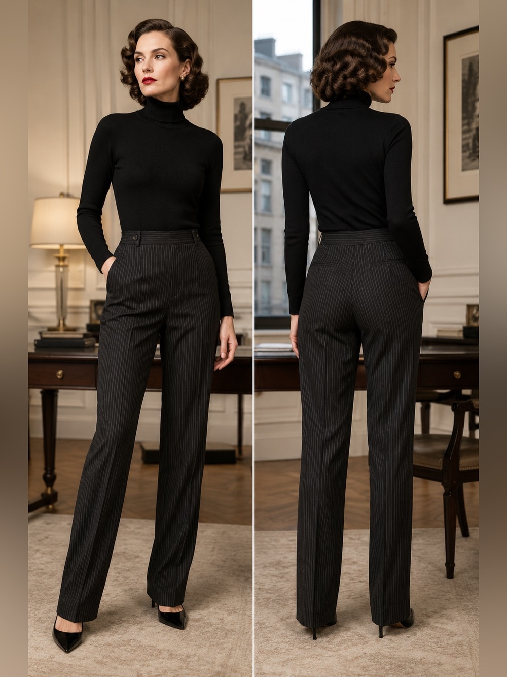 Akris Punto 100% Wool Pinstripe High Rise Zip Cuff Pants US 6 Italy Old Money